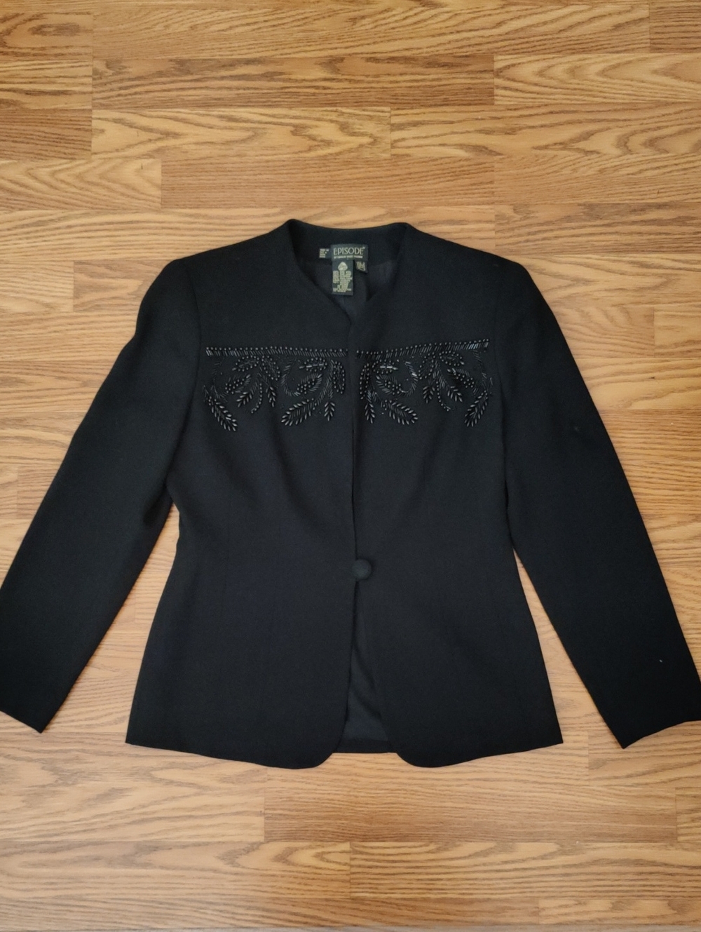 Elegant Black Beaded Collarless Women's Blazer